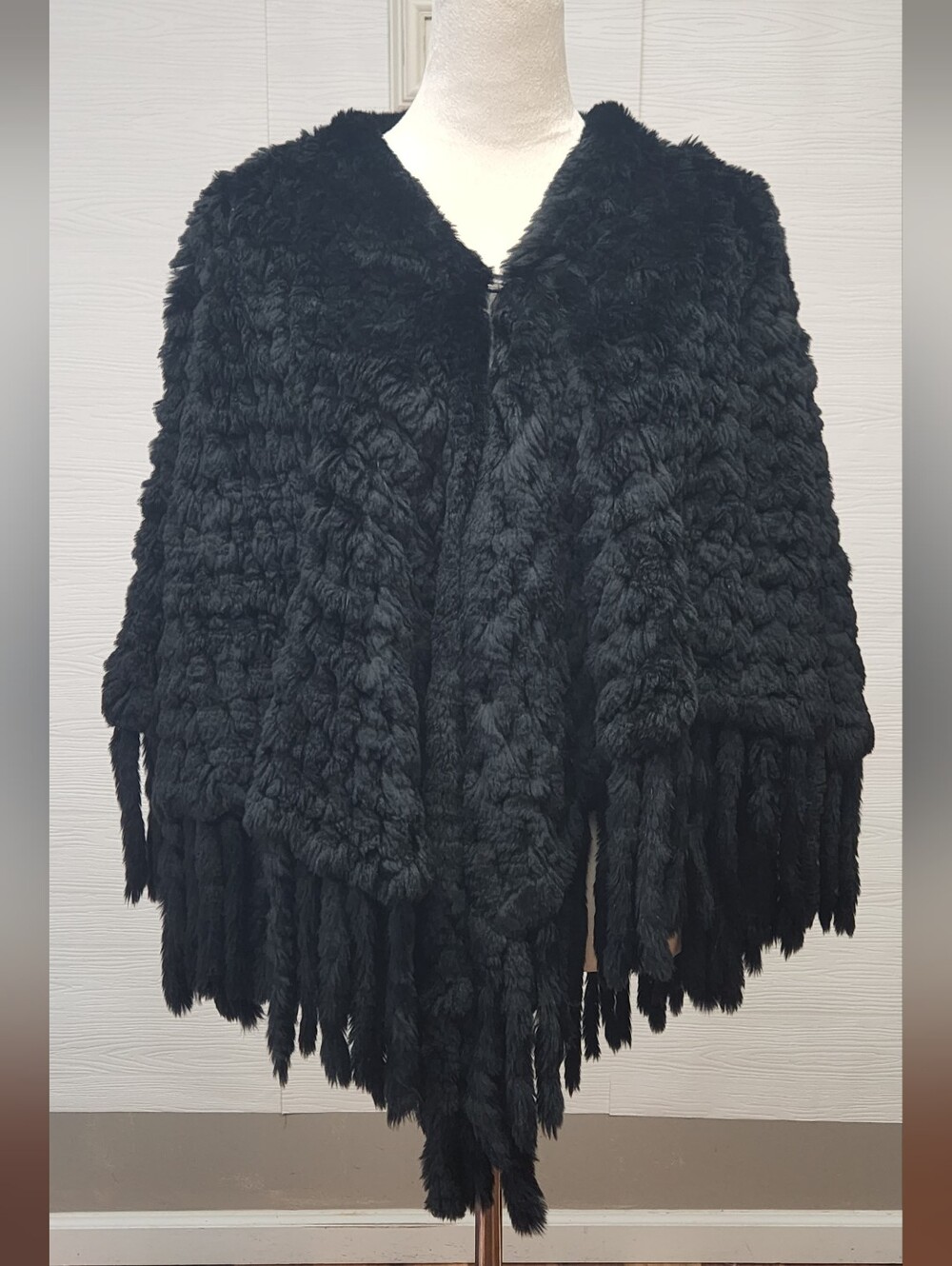 CHOSEN Couture Collection Black Faux Fur Fringe Cape Wrap One Size OS SOFT